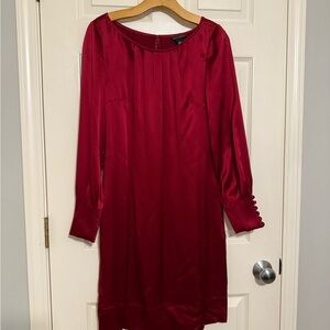 Banana Republic Red Satin Sheath Dress with Bishop Sleeves & Covered Buttons